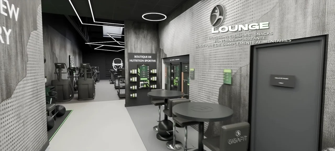 Rendu 3D de l’accueil et du lounge du futur club GIGAFIT Saint-Sébastien